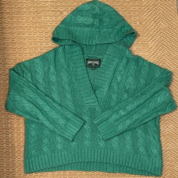 American Eagle Outfitters Sweaters - American Eagle Cable Knit V-Neck Oversized Sweater with Hood